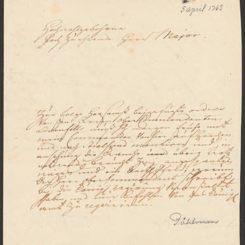 Påhlman Letter to Christoffer Adam von Steding, 1763